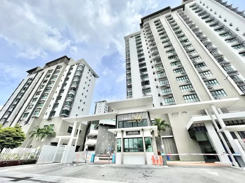 Exterior type: high-rise condominium; features: glass curtain wall, white painted facade, recessed balconies, multiple storeys, main entrance gate, landscaped greenery, security guard house, driveway with interlocking pavers; style: modern.