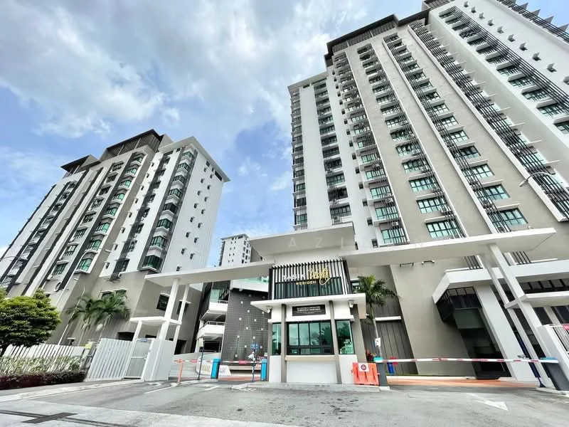 Exterior type: high-rise condominium; features: glass curtain wall, white painted facade, projecting balconies, double-volume main lobby, guard house at entrance, gated entry, surrounded by mature greenery; style: modern.