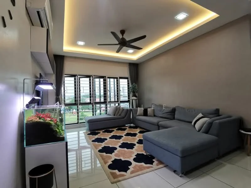 Living features: L-shape sectional sofa in grey, area rug with geometric pattern, ceiling fan with integrated LED light, recessed downlights, tray ceiling, floor-to-ceiling windows, curtains, wall-mounted aquarium, decorative plant, coffee table, white painted walls, glossy tile flooring; style: modern; view: garden.