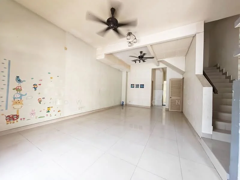 Living features: white painted walls, polished ceramic tile flooring, 2 ceiling fans, exposed beams, staircase, decorative wall decals, open layout, natural light from windows; style: modern.