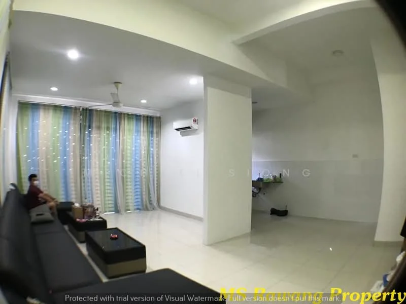 Living features: white painted walls, polished concrete flooring, 5-blade ceiling fan, floor-to-ceiling windows with sheer curtains, black leather sofa, coffee table, wall-mounted air conditioning unit, decorative lighting, area rug, open layout, green curtains, study desk with chair; style: modern.