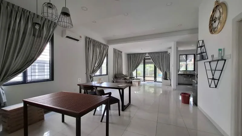 Living features: large floor-to-ceiling windows, grey curtains, white painted walls, recessed downlights, polished tile flooring, ceiling with tray design, 2 pendant lights, open layout to kitchen, dining area with wooden table, decorative wall clock, air conditioning unit; style: modern; view: garden. Dining features: wooden dining table, 4 dining chairs, open layout to living area; style: modern.