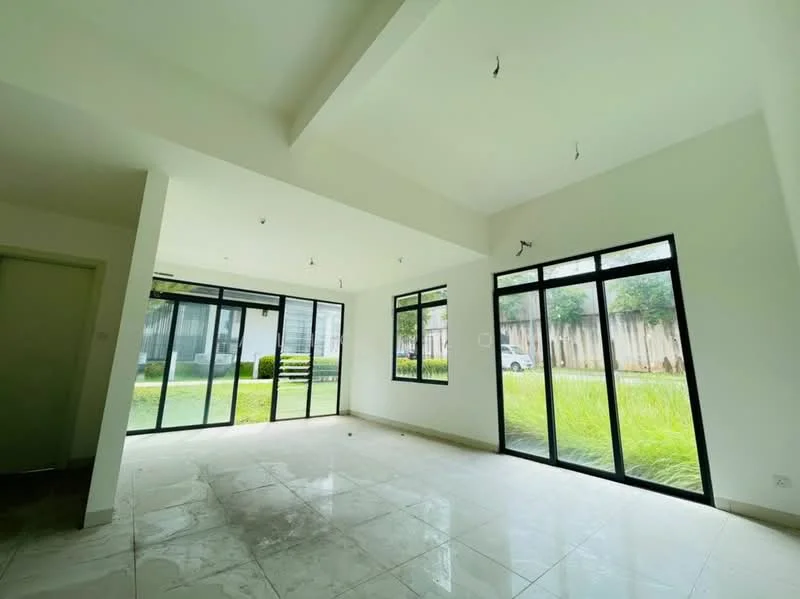 Room features: white painted walls, marble tile flooring, floor-to-ceiling windows, sliding glass door, multiple windows, natural light, open layout, view of greenery; style: modern; view: garden.