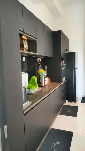 Kitchen features: black cabinetry, stainless-steel appliances, built-in oven, microwave, black backsplash, wood countertop, single-bowl stainless-steel sink, chrome pull-down faucet, tile flooring, kitchen mats, recessed lighting; style: modern.