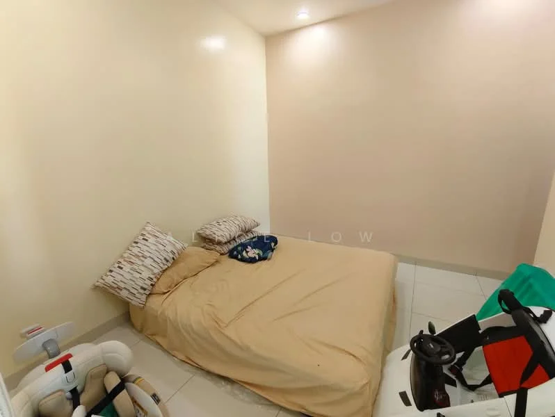 Bedroom features: beige painted walls, white tiled flooring, queen-size bed with beige bedding, two decorative pillows, small blanket, corner with baby stroller, minimal decor, recessed lighting; style: minimalist.