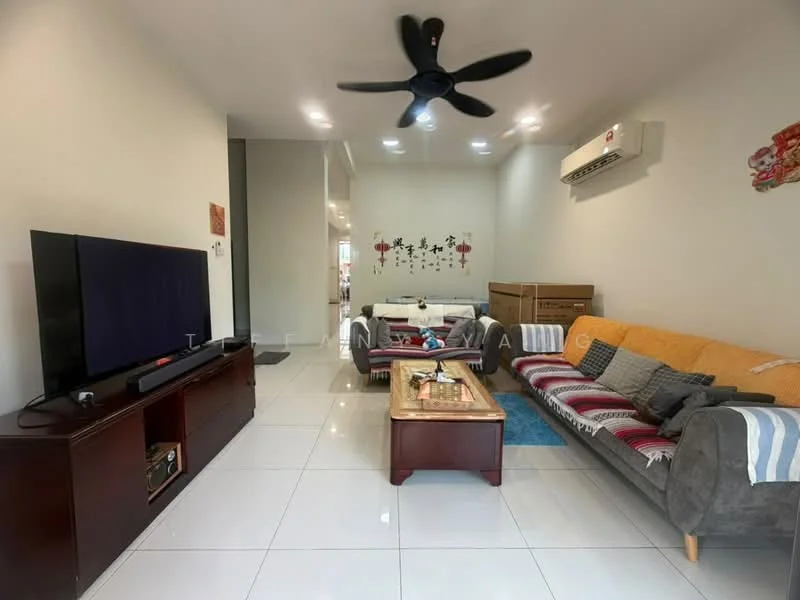 Living features: 3-seater fabric sofa in grey, 2-seater fabric sofa in beige, wooden coffee table, TV console, wall-mounted TV, ceiling fan with light, air conditioning unit, white painted walls, glossy white tile flooring, decorative wall art, area rug, cushions on sofas; style: modern.