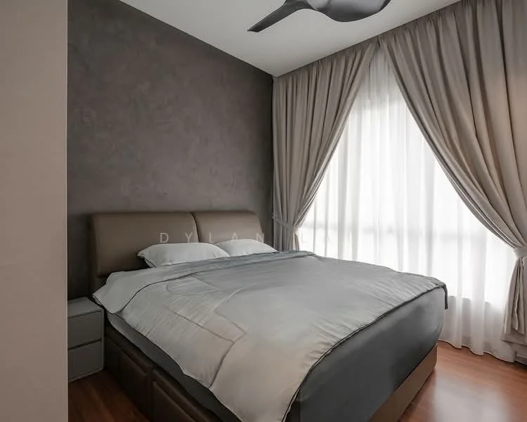 Bedroom features: king-size bed with upholstered headboard, grey bedding, light wood flooring, floor-to-ceiling windows, sheer curtains, dark accent wall, 5-blade ceiling fan, nightstand with drawer; style: modern.