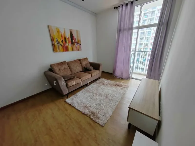 Living features: 3-seater fabric sofa in beige, area rug with geometric pattern, TV console, floor-to-ceiling windows, purple sheer curtains, laminate flooring, white painted walls, decorative artwork on wall; style: modern; view: city.