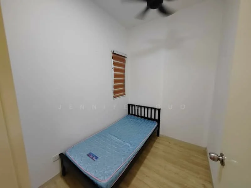 Bedroom features: single bed, black wooden bed frame, mattress with blue cover, light wood flooring, white painted walls, ceiling fan, window with wooden blinds, door with metal handle; style: minimalist.