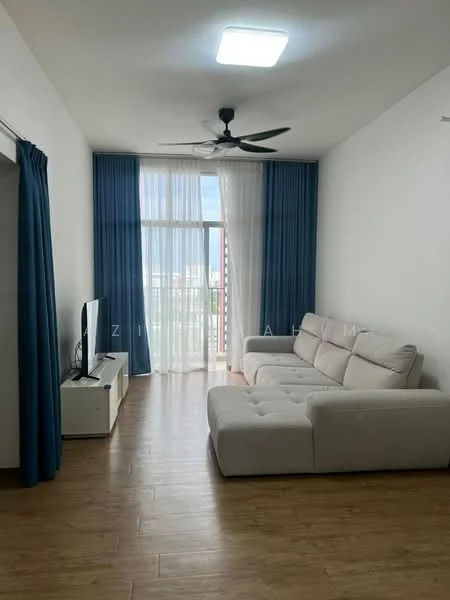 Living features: 3-seater fabric sofa in white, coffee table, wall-mounted TV, TV console in white, floor-to-ceiling windows, sheer curtains, blue drapes, wooden flooring, ceiling fan with light, LED ceiling light; style: modern; view: city.