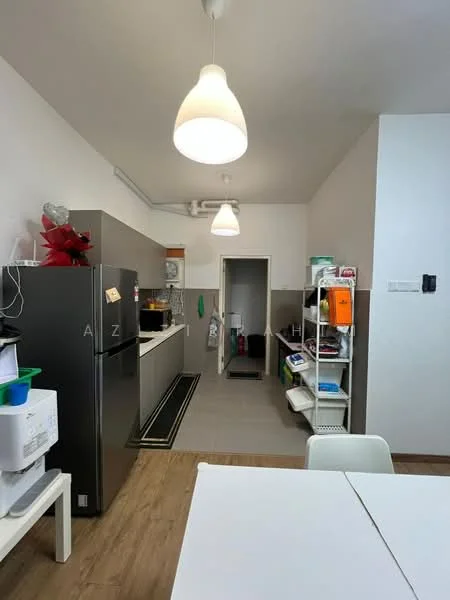 Kitchen features: stainless-steel fridge, white cabinetry, black countertop, open shelving, white dining table, white chairs, pendant lighting, tile flooring, doorway to utility area; style: modern.