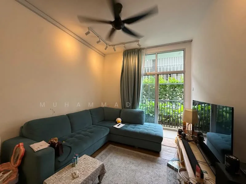 Living features: L-shape sectional sofa in teal, coffee table, wall-mounted TV, TV console, area rug, 5-blade ceiling fan with light, floor-to-ceiling sliding glass door, curtains, decorative wall lighting, wooden flooring, greenery view from window; style: modern; view: garden.
