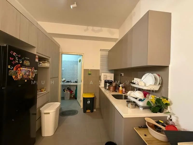 Kitchen features: grey cabinetry, white countertop, single-bowl stainless-steel sink, chrome pull-down faucet, black fridge, built-in oven, ceramic tile flooring, wall-mounted storage shelves, dish rack, kitchen utensils, waste bin, yellow trash can, decorative plants; style: modern.