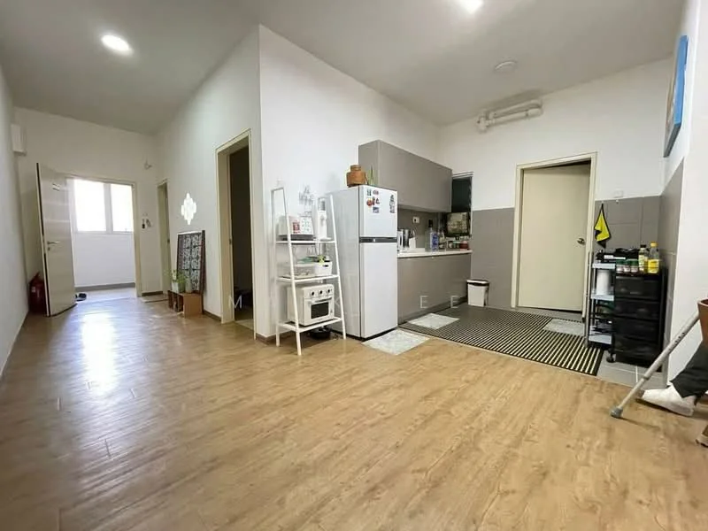 Room features: laminate flooring, white painted walls, kitchen area with grey cabinetry, stainless-steel fridge, built-in oven, countertop with sink, black and white striped mat, doorway leading to other rooms, window allowing natural light, open layout, wall-mounted air conditioning unit; style: modern.