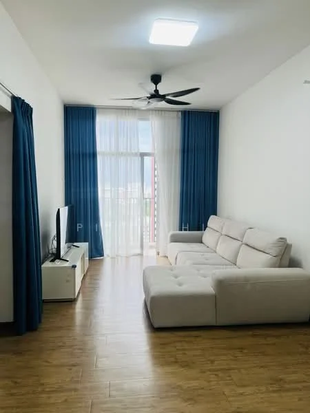 Living features: 3-seater fabric sofa in light grey, wall-mounted TV, TV console in white, floor-to-ceiling windows, sheer curtains, blue drapes, wooden flooring, ceiling fan with light, recessed ceiling light; style: modern; view: city.