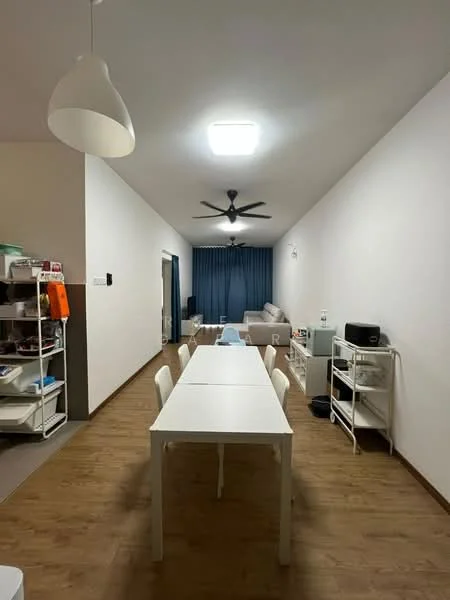 Dining features: white dining table, 6 white chairs, wooden flooring, recessed ceiling lights, 5-blade ceiling fan, open shelving unit, grey sofa, blue curtains, wall-mounted light, white painted walls; style: modern.