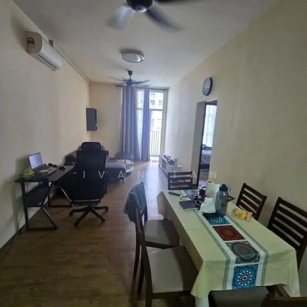 Living features: laminate flooring, cream painted walls, 5-blade ceiling fan, wall-mounted TV, black office chair, wooden dining table with 6 chairs, dining table set with tablecloth, desk with laptop, curtains, balcony door, light fixture on ceiling; style: modern; view: city.
