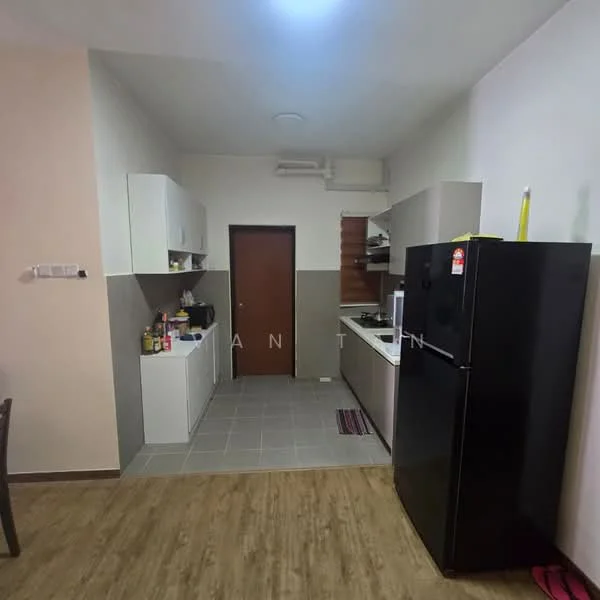Kitchen features: white cabinetry, black refrigerator, grey tiled backsplash, grey floor tiles, stainless-steel sink, built-in stove, microwave, kitchen countertop, wall-mounted shelves, wooden flooring, door to hallway; style: modern.