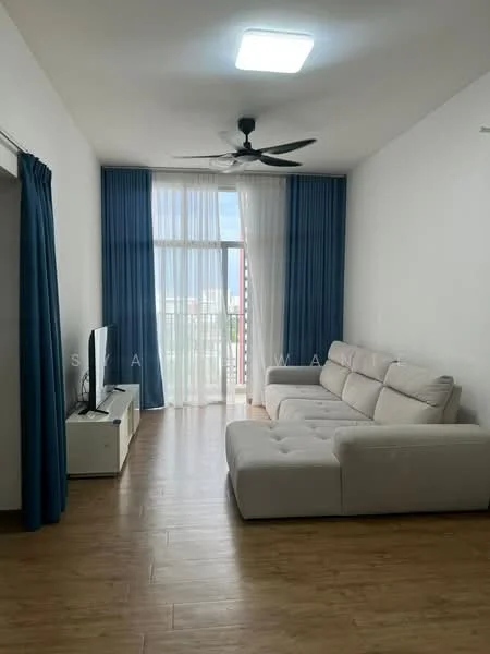 Living features: 3-seater fabric sofa in white, TV console in white, wall-mounted TV, floor-to-ceiling windows, sheer curtains in white, blue curtains, wooden flooring, ceiling fan with light, LED ceiling light, decorative wall, open space layout; style: modern; view: city.