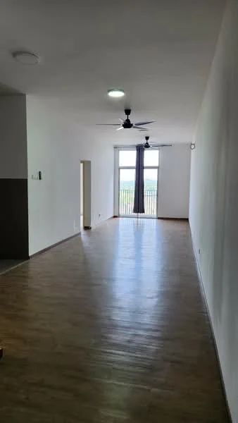 Living features: wooden flooring, white painted walls, 5-blade ceiling fan with light, floor-to-ceiling windows, curtains, balcony door, natural light, open layout; style: modern; view: garden.