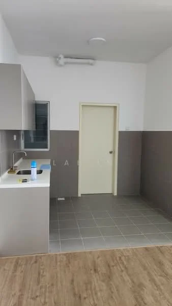 Kitchen features: single-bowl stainless-steel sink, chrome pull-down faucet, grey tiled backsplash, light grey cabinetry, white countertop, grey floor tiles, wall-mounted light fixture, window, door leading to another room; style: modern.