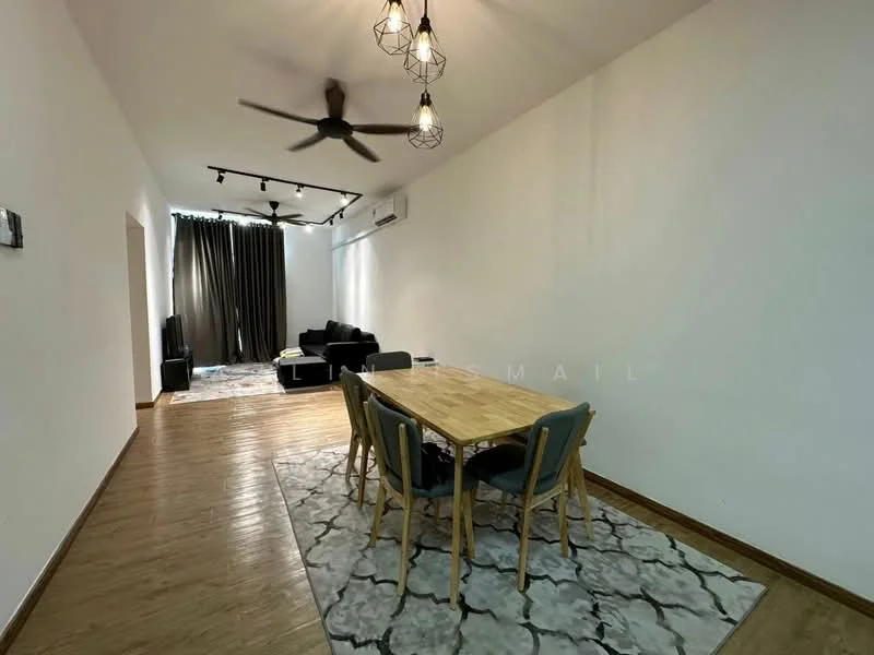 Dining features: wooden dining table, 6 upholstered dining chairs, area rug with geometric pattern, 5-blade ceiling fan, recessed LED downlights, white painted walls, laminate flooring, curtains, wall-mounted air conditioning unit; style: modern. Living features: black leather sofa, coffee table, area rug with geometric pattern, floor-to-ceiling curtains, wall-mounted TV, laminate flooring; style: modern.
