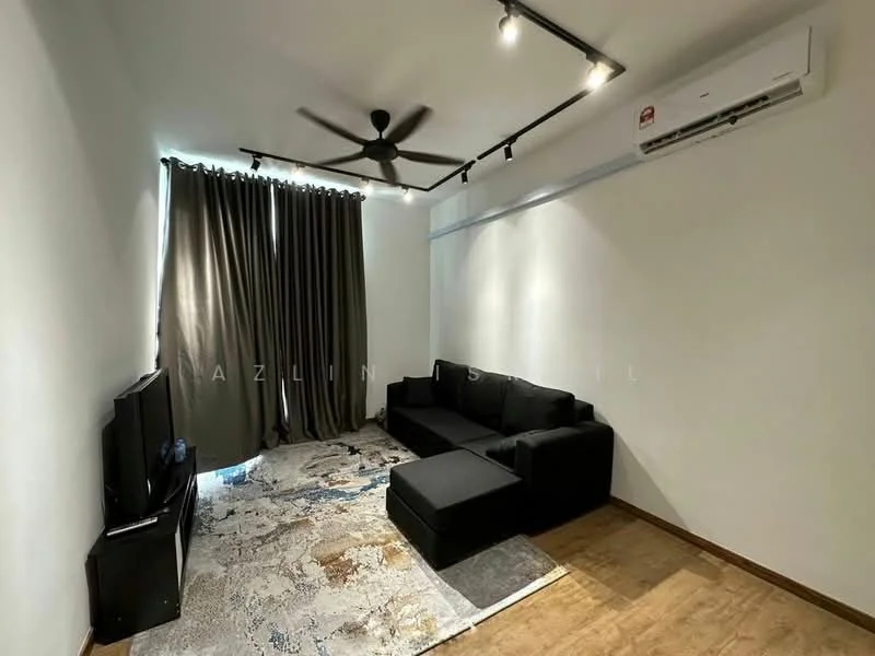 Living features: 3-seater fabric sofa in black, area rug with abstract pattern, wall-mounted TV, TV console in black, 5-blade ceiling fan with light, 1 wall-mounted split AC, floor-to-ceiling curtains in dark grey, laminate wood flooring, white painted walls, recessed lighting; style: modern.