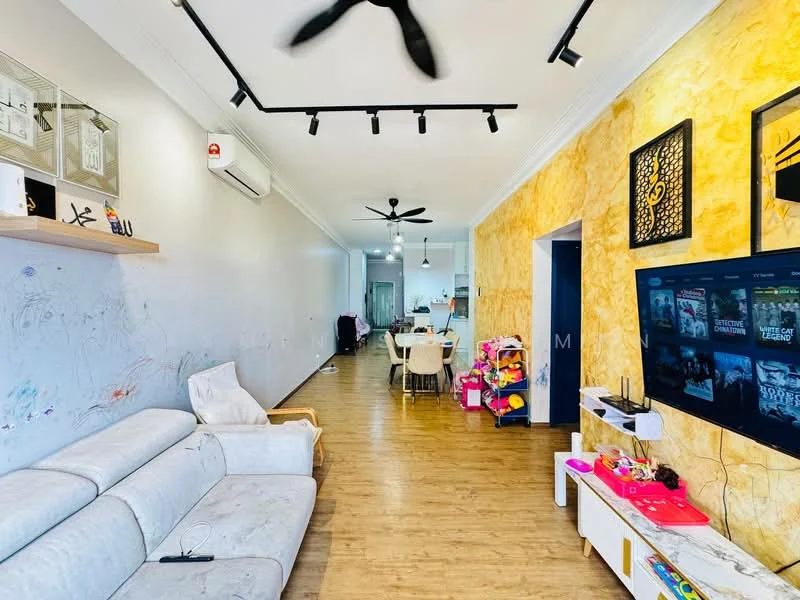 Living features: 3-seater fabric sofa in light grey, wooden flooring, recessed LED downlights, 5-blade ceiling fan, wall-mounted TV, TV console in white, decorative wall art, open layout to dining area, decorative feature wall in yellow, air conditioning unit, shelving unit on wall; style: modern. Dining features: dining table with white chairs, open layout to living area; style: modern.