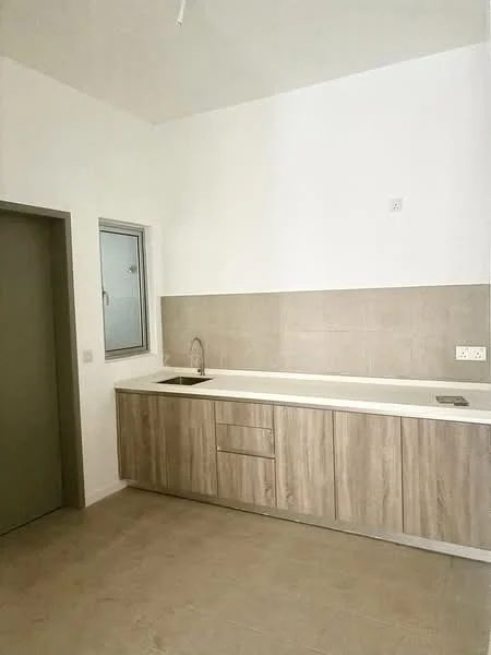 Kitchen features: light wood cabinetry, white countertop, single-bowl stainless-steel sink, chrome pull-down faucet, grey tile backsplash, window above sink, neutral wall colour, tile flooring; style: modern.