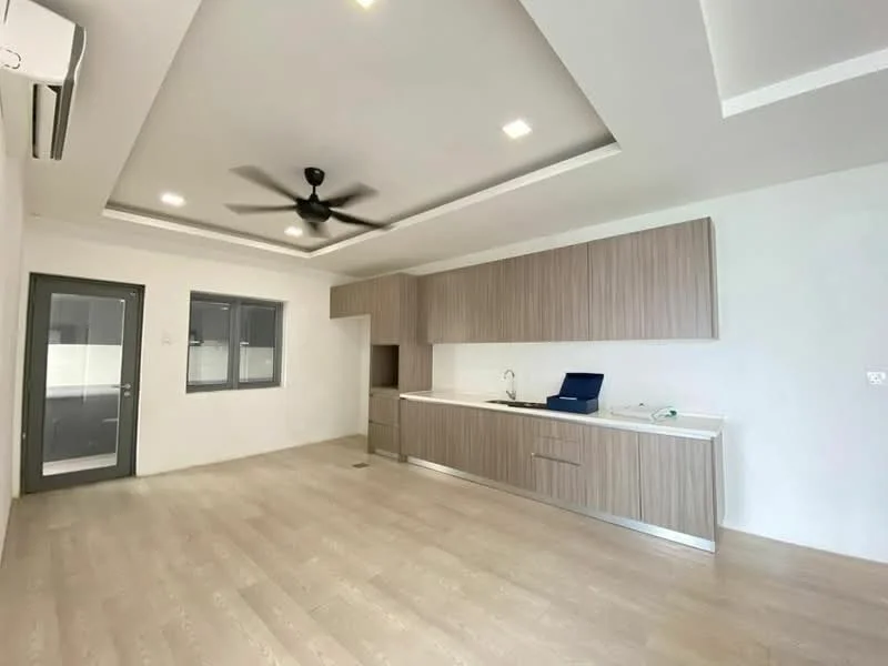 Kitchen features: light wood cabinetry, white countertop, single-bowl stainless-steel sink, chrome pull-down faucet, built-in kitchen appliances, recessed downlights, 5-blade ceiling fan, open layout, light wood flooring, white painted walls, sliding glass door, floor-to-ceiling windows; style: modern.