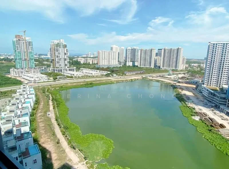 Exterior type: high-rise condominium; features: city skyline view, waterfront view, surrounded by greenery, multiple high-rise buildings, open space, roadway visible; style: modern.