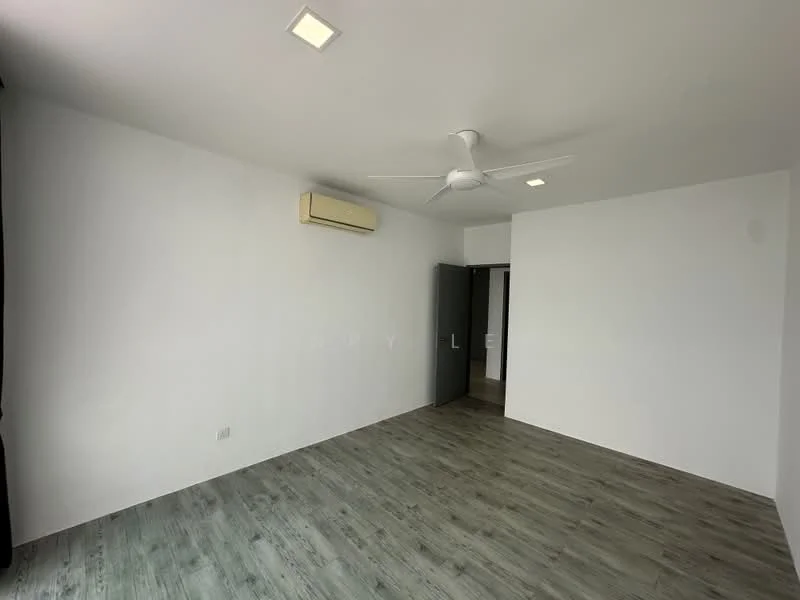 Room features: white painted walls, laminate flooring, 5-blade ceiling fan, wall-mounted split AC, recessed LED downlights, blackout curtains, door leading to another room; style: modern.