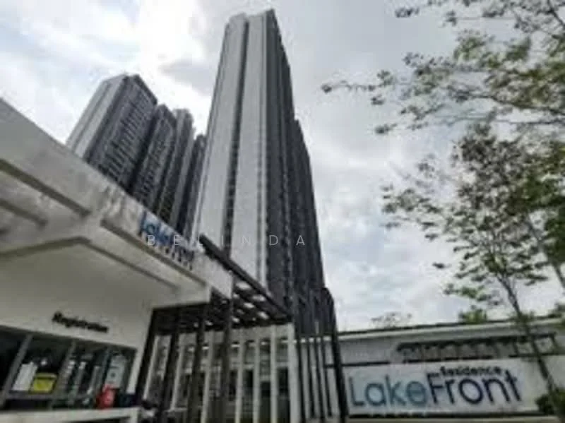 Exterior type: high-rise condominium; features: glass curtain wall, white painted facade, recessed balconies, surrounded by greenery, main entrance with registration area, signage for Lakefront Residence, modern architectural design; style: modern.