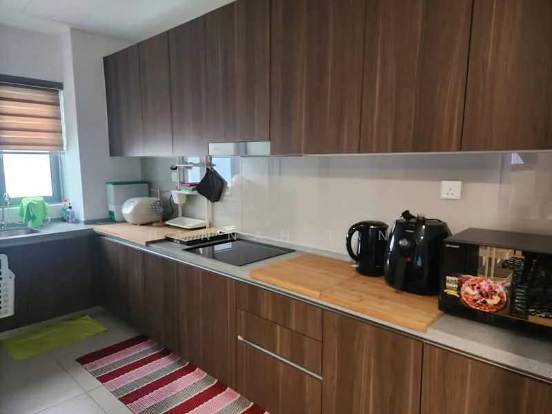 Kitchen features: brown wooden cabinetry, grey countertop, built-in stove, kettle, microwave, wooden cutting board, dish rack, window with blinds, white tiled backsplash, striped area rug, green dish drying rack, sink, appliances in black; style: modern.