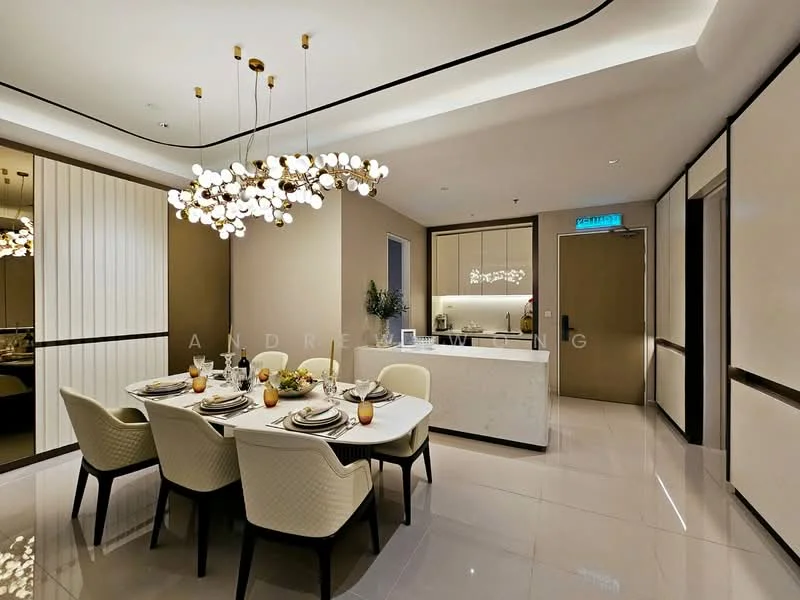 Dining features: 6-seater dining table, upholstered dining chairs, chandelier with multiple bulbs, cream painted walls, recessed ceiling lights, marble flooring, decorative plant on table, glass vase with fruit, wall-mounted cabinetry, kitchen island with countertop, open layout to kitchen; style: modern. Kitchen features: white cabinetry, built-in oven, stainless-steel appliances, countertop with bar seating, under-cabinet lighting; style: modern.