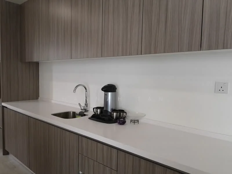 Kitchen features: single-bowl stainless-steel sink, chrome pull-down faucet, white quartz countertop, wood cabinetry with horizontal grain, built-in coffee machine, electric kettle, decorative bowl, wall-mounted electrical outlet; style: modern.