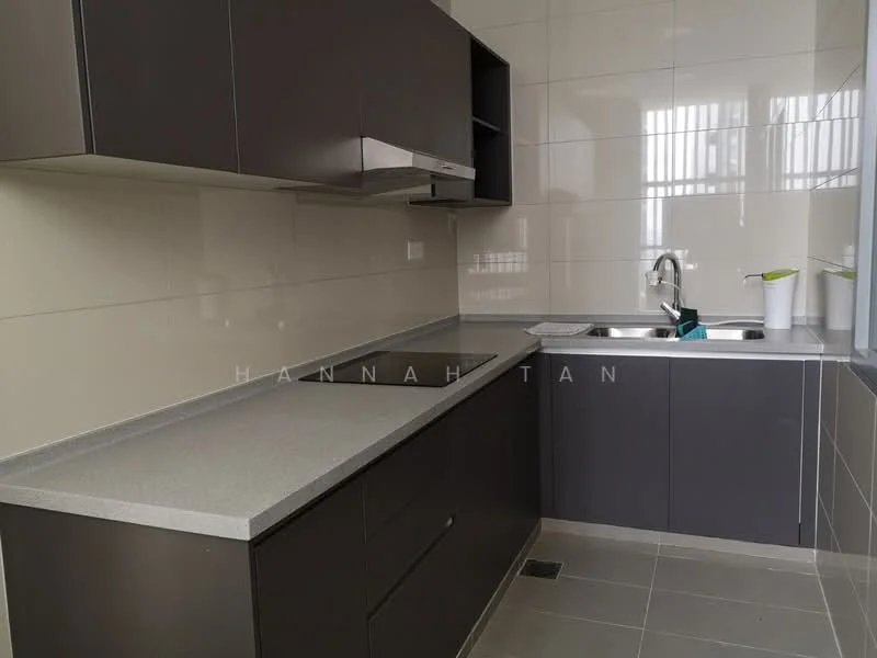 Kitchen features: grey cabinetry, grey countertop, stainless-steel sink, chrome pull-down faucet, white tiled backsplash, ceramic tile flooring, built-in oven, stainless-steel range hood, wall-mounted cabinets, under-cabinet lighting; style: modern.