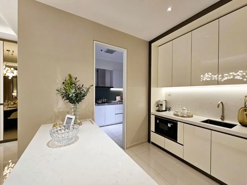 Kitchen features: white cabinetry, marble countertop, stainless-steel sink, chrome pull-down faucet, built-in oven, microwave, dishwasher, recessed downlights, tile flooring, decorative plant, glass bowl, framed photo, open layout to dining area; style: modern.