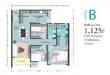Floor plan: 3-bedroom 2-bathroom unit; features: open-plan kitchen-dining-living, master bedroom with ensuite bathroom, bedroom 2 with shared bathroom, utility room, balcony off living room, central foyer, 1 car porch, 1,125 sqft built-up.