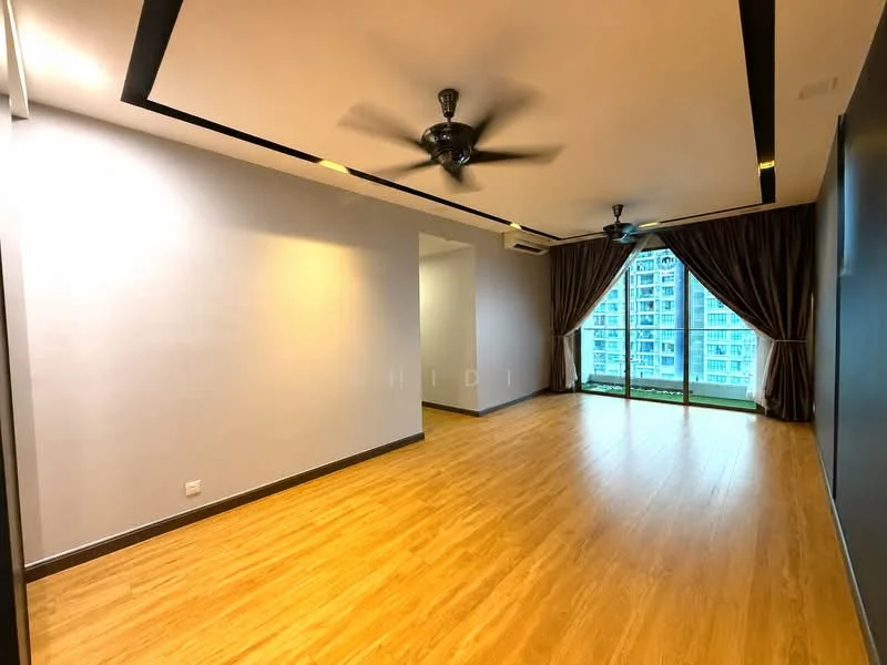 Living features: laminate flooring, grey painted walls, tray ceiling with recessed lighting, 2 ceiling fans, floor-to-ceiling windows, sliding glass door, sheer curtains, dark accent wall, balcony view; style: modern; view: city.