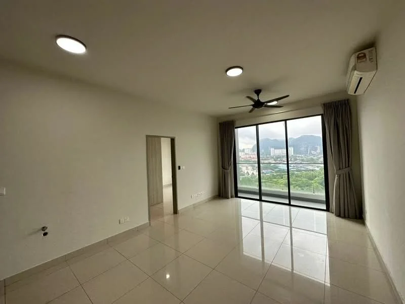 Living features: white painted walls, glossy ceramic tile flooring, 5-blade ceiling fan with light, floor-to-ceiling windows, curtains, wall-mounted split AC, mountain view, recessed downlights; style: modern; view: mountain.