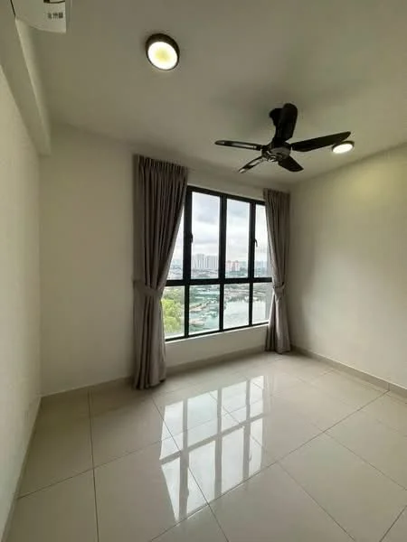 Room features: white painted walls, glossy ceramic tile flooring, 5-blade ceiling fan with light, floor-to-ceiling windows, grey curtains, city view; style: modern; view: city.