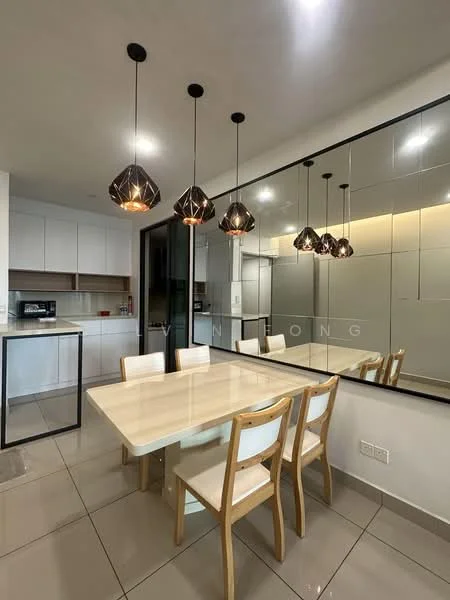 Dining features: 6-seater dining table, white glossy tabletop, wooden dining chairs with upholstered seats, pendant lighting with black geometric shades, mirror wall, grey tiled flooring, built-in cabinetry, microwave on countertop; style: modern. Kitchen features: white cabinetry, stainless-steel appliances, countertop with integrated sink, open layout to dining area; style: modern.