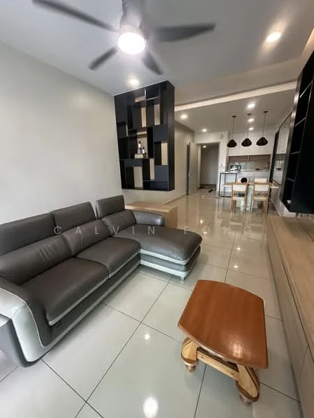 Living features: 3-seater sectional sofa in grey, wooden coffee table, wall-mounted TV unit, black shelving unit with open compartments, recessed ceiling lights, 5-blade ceiling fan, glossy tile flooring, neutral painted walls; style: modern. Kitchen features: open kitchen layout, kitchen island with seating, pendant lighting above island, white cabinetry, stainless-steel appliances; style: modern.