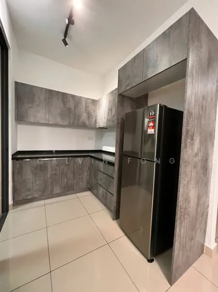Kitchen features: grey laminate cabinetry, black granite countertop, stainless-steel fridge, built-in oven, ceramic tile flooring, recessed downlights, wall-mounted cabinets, open shelving; style: modern.
