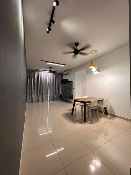 Dining features: glossy tile flooring, grey painted walls, recessed ceiling lights, 2-blade ceiling fan, dining table with 4 chairs, floor-to-ceiling curtains, wall-mounted air conditioning unit, open layout; style: modern.