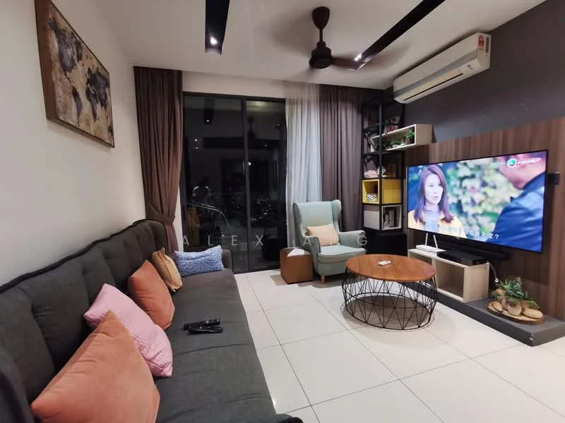 Living features: grey fabric sofa, orange throw pillows, wooden coffee table, wall-mounted TV, TV console, floor-to-ceiling windows, curtains in brown and beige, ceiling fan, air conditioning unit, decorative wall art, green armchair, decorative shelving unit; style: modern; view: city.