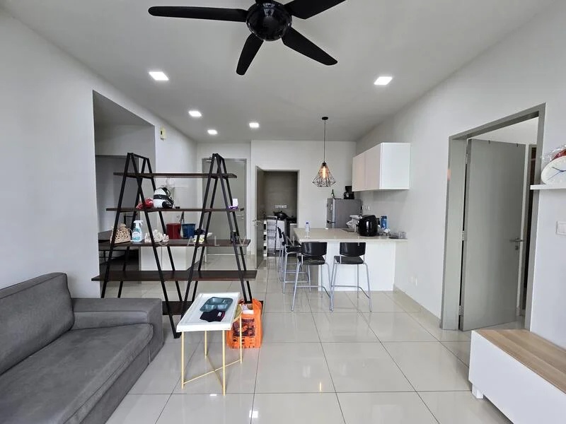 Living features: grey fabric sofa, white coffee table, open shelving unit, black ceiling fan with light, recessed LED downlights, glossy white tile flooring, white walls, kitchen area visible in background, bar stools at kitchen counter, pendant light above kitchen area; style: modern.