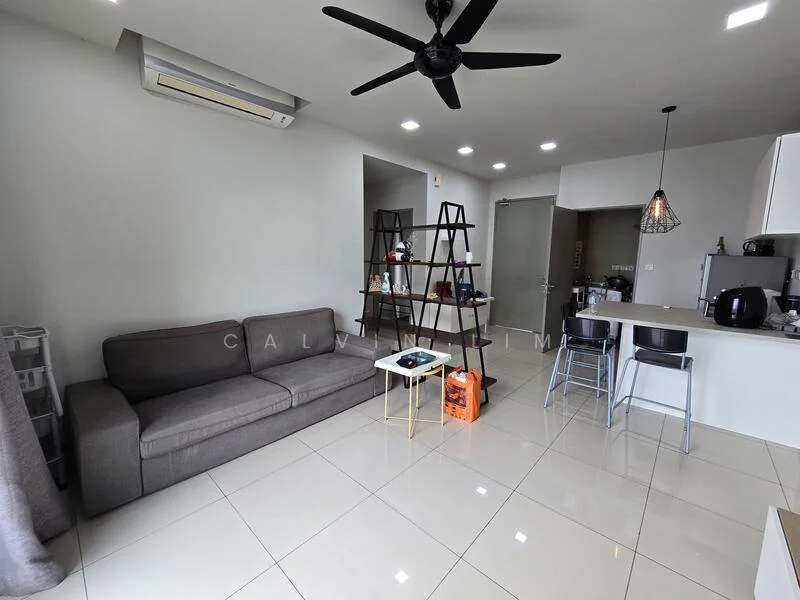 Living features: 3-seater fabric sofa in grey, ceiling fan, recessed LED downlights, white walls, glossy tile flooring, open shelving unit, kitchen island with bar stools, kitchen appliances visible; style: modern.