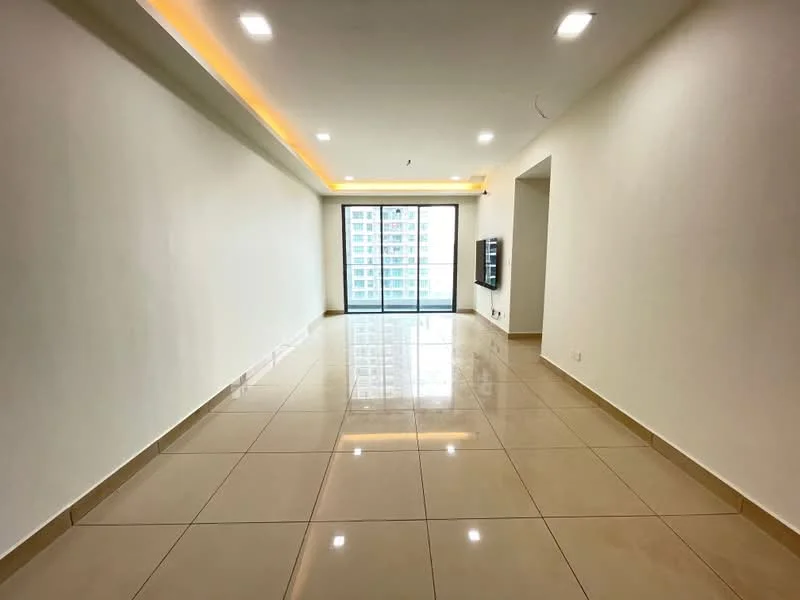 Living features: white painted walls, glossy beige tile flooring, recessed LED downlights, crown moulding, floor-to-ceiling windows, sliding glass door, city view, wall-mounted TV, open layout; style: modern; view: city.